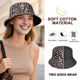AYPOW Reversibel Damen Fischerhut Leopard Faltbar Sonnenhut, Leichter Beideseitig Tragen Anglerhut Teenager Mädchen Baumwolle Fischerhüte, UV-Schutz Strandhut Mode Eimerhut für Camping Reisen Wandern
