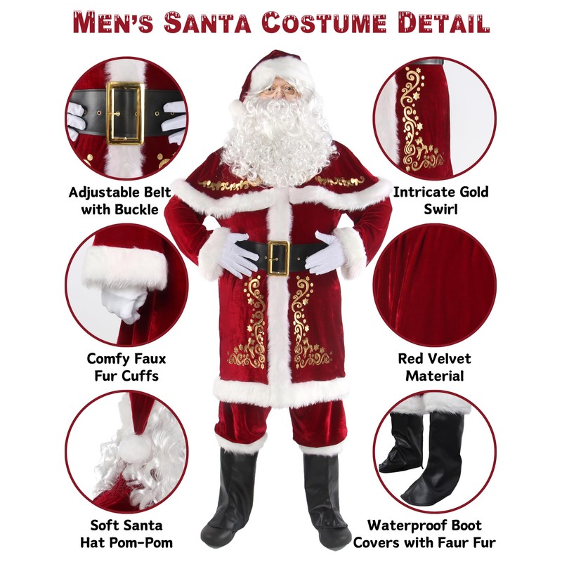 Men’s Santa Costume Set Christmas 12pcs Deluxe Velvet Adult Santa