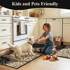 Findosom Kitchen Rugs Sets of 2, 24" x 36" + 24" x 60" Non Slip High-Low Textured Floral Washable Kitchen Runner with Rubber Backing, Kitchen Mats for Floor, Entryway, Hallway, Sink, Black & Beige
