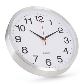 bakbrand Wall Clock Metal Frame Silent Non-Ticking Round Indoor Clock Analog Battery Operated Modern Stainless Steel Wall Clocks for Office, Hotel, Bedroom, Living Room (Silver-Metal Frame, 12inch)