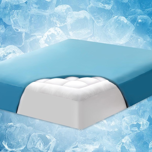 ELEMUSE Cooling Blue Cal King Dual Layer Mattress Pad Cover, Cool-to-Touch Fitted Sheet Plus Soft Mattress Topper for Hot Sleepers, Supportive Pillowtop Mattress Protector with Fluffy Filling