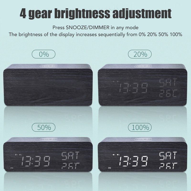 Wooden Digital Alarm Clock with Wireless Charging Black Adjustable Brightness