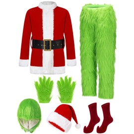 PAFIGA Christmas Costume Adult Men Santa Claus Outfit 7PCS Furry Green Giant Monster Mens Professional Realistic Xmas Cosplay Suit 3XL