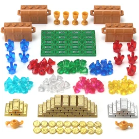 Feleph Treasure Accessories Money Building Blocks Set Jewel Chest, Gems Diamonds, Bullion Electroplated Gold Tile Silver Bar, Power Crystals, Coins, Goblet, 100 Dollar Bill Cash Toy Brick