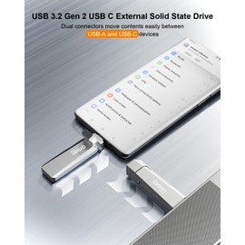 256G External Portable SSD USB Solid State Drive, Up to 1000MB/s USB 3.2 Gen 2 Solid State, Type C + USB A Dual Drive for Phone/Android Laptops/Windows/Mac, Silver
