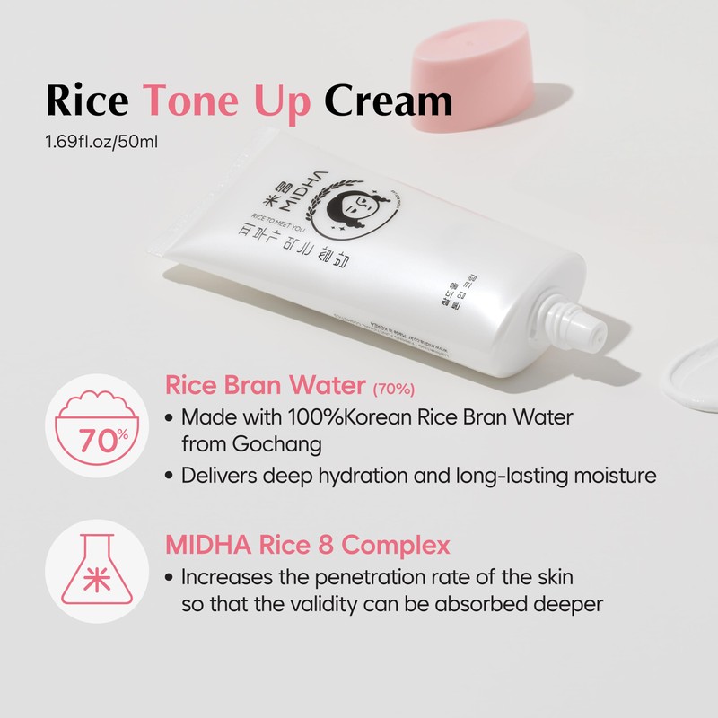 MIDHA RICE TONE UP CREAM, 1.69fl.oz/50ml, Even Skin Tone, Hydrating,