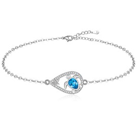 Sea Turtle Anklet for Women 925 Sterling Silver Blue Cubic Zirconia Turtle Ankle Bracelet Gift for Mother Daughter Matching Summer Beachwear