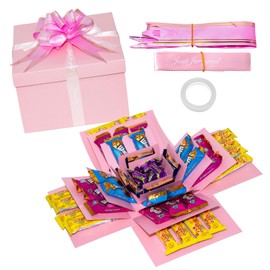 Explosion Gift Box, 5 Layer Explosion Box, Surprise Boxes with Tape and Bow Ribbon, Scrapbooking Boxes, Creative Surprise Container‌ for Anniversary Festival Record Memories (Pink)