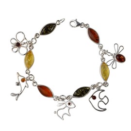 HolidayGiftShops Amber Jewelry for Women - Sterling Silver Multicolored Baltic Amber Bracelet, Genuine Amber Bracelet for Women, Bracelet for Adults, Made in Poland