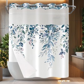 Zussun Blue Eucalyptus No Hook Shower Curtain with Snap in Liner Watercolor Floral Plant Leaf Shower Curtains for Bathroom Botanical Flower Waterproof Fabric Bath Curtain Decor 71×74In