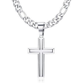 KRFY 925 Sterling Silver Cross Pendant Necklace For Men Stainless Steel Silver Cross Necklace Men Diamond-Cut Figaro Cross Chain Necklace For Women