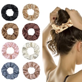 AYNKH 8PCS Silk Hair Scrunchies for Women Girls, Big Satin Soft Hair Ties Ponytail Holder, Won't Snapped Elastic Hair Bands for Thick Thin Curly Hair