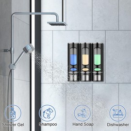 Shampoo and Conditioner Dispenser, 3-Chamber Wall Mounted Shower Soap Dispenser, No Drill Shampoo Dispenser for Shower Wall Body Wash Dispenser for Bathroom Toilet Hotel Kitchen(Black)