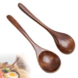 Pack of 2 Wooden Spoons, Ramen Spoons, 20 cm Long Handle, Wooden Soup Ladle, Large Wooden Tablespoon, Soup Spoon, Grain Salt Spoon for Food Mixing, Wooden Spoon for Stirring, Cooking