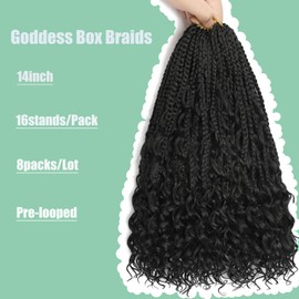 Sixi Beauty 8 Packs Goddess Box Braids Crochet Hair, Pre-Looped Bohemian Braiding Hair with Curly Ends,Synthetic CrochetHair for Women (1B, 14 Inch (Pack of 8))