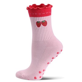 Toetally Cute Pilates Socks with Grips for Women Ruffle Cuff Embroidery Non Slip Yoga Socks for Workout, Barre, Pilates Gifts 1 Pair Strawberry