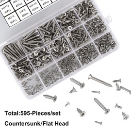 FandWay 595Pcs M2 M3 M4 Phillips Flat Head Self-Tapping Screws, 304 Stainless Steel Countersunk Head Tapping Screws,Wood Screws Assortment Set with Storage Box and 1 Tweezers.