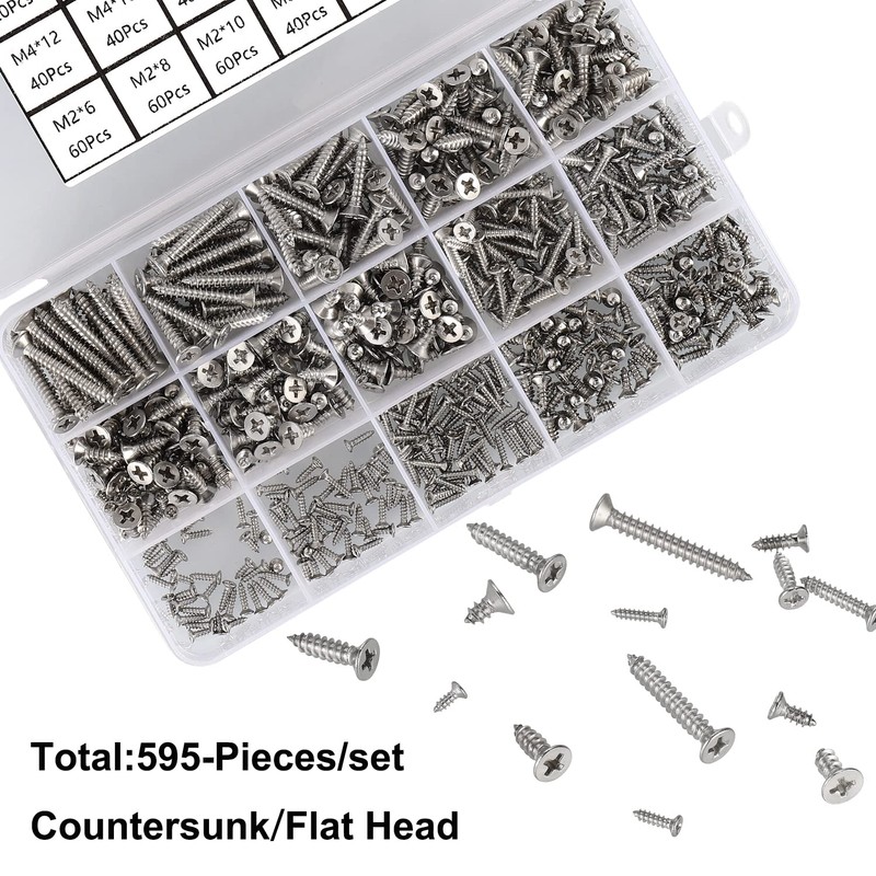 FandWay 595Pcs M2 M3 M4 Phillips Flat Head Self-Tapping Screws,
