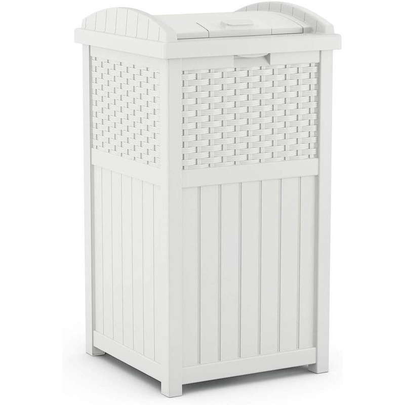 Suncast Wicker Plastic Outdoor Hideaway 33 Gallon Trash Can Bin