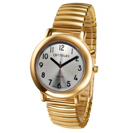 QIATKWH Deutsch sprechende Uhr,Zifferblatt mit Sonnenmuster,Goldschale, Gold verstellbare Länge Edelstahl einziehbares Uhrenarmband, Unisex-Stil für Männer und Frauen