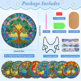 MOGTAA Tree of Life Diamond Painting Coasters Kit with Holder, 5D Diamond Art Coasters Set of 8 for Adults Kids Beginners, DIY Diamond Painting Coaster Sets Landscape Painting Craft for Home Decor