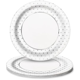 Foil Dots Round Dinner Paper Plates - 9", Silver, 8 Pcs