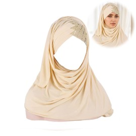 MSINMINW Muslim Hijab for Women Lightweight Long Adjustable Islamic Elastic Headwear Sequin Scarf, beige, Unit size