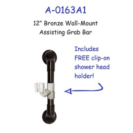 12 in MedGear Wall-Mount Bath Assisting Grab Bar, Bronze, w/Free Clip-On Shower Head Holder