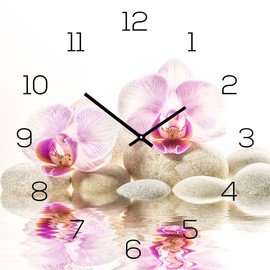 levandeo Glass Wall Clock 30 x 30 cm Glass Picture Pink Orchids Bamboo FengShui Wellness Decoration