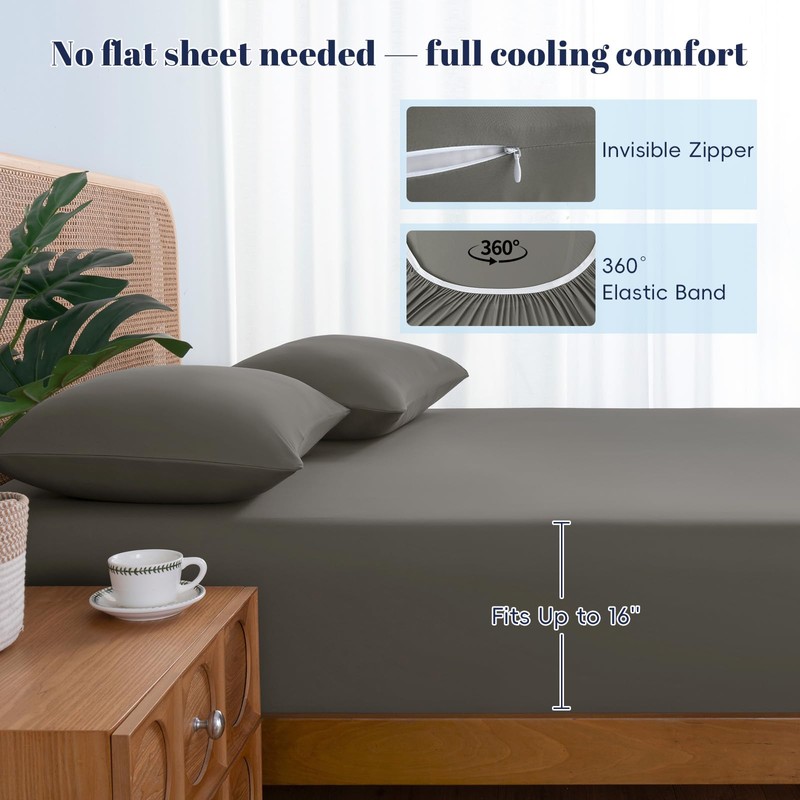 Cooling Fitted Sheet Set Queen Size, Q-Max>0.4, Charcoal Grey