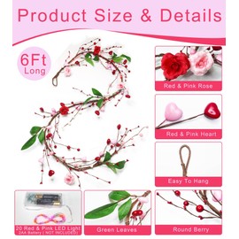6 Ft Valentines Garland Valentine's Day Decorations, Valentines Day Garland with Timer 20 Red & Pink Lights Roses Red Pink White Berried Green Leafed Lighted Valentines Garland for Home Wedding Party