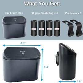 Kitbest Car Trash Can Bin with Lid, 60 pcs Trash Bags and 2 pcs Car Hooks. Mini Car Garbage Can, Dustbin Can Organizer Storage for Front Back Seat Accessories for Car Office Home