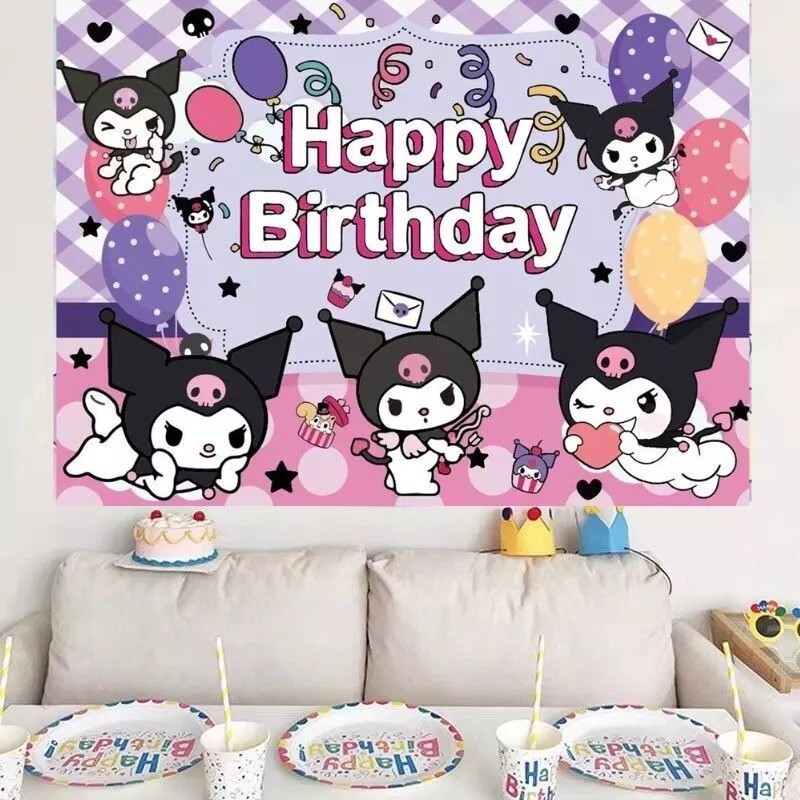 Generic Kuromi Theme Birthday Party Backdrop Decoration, 5x3.5ft Happy Birthday