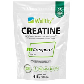 Wellthy Creatina Monohidratada Creapure® 615g. 100% Pura. Solo 1 Ingrediente Creatina Alemana Creapure®. Vegana, Sin Azúcar, 123 porciones, 5g por porción, Incluye Scoop. Pure. Proven. Perfect.