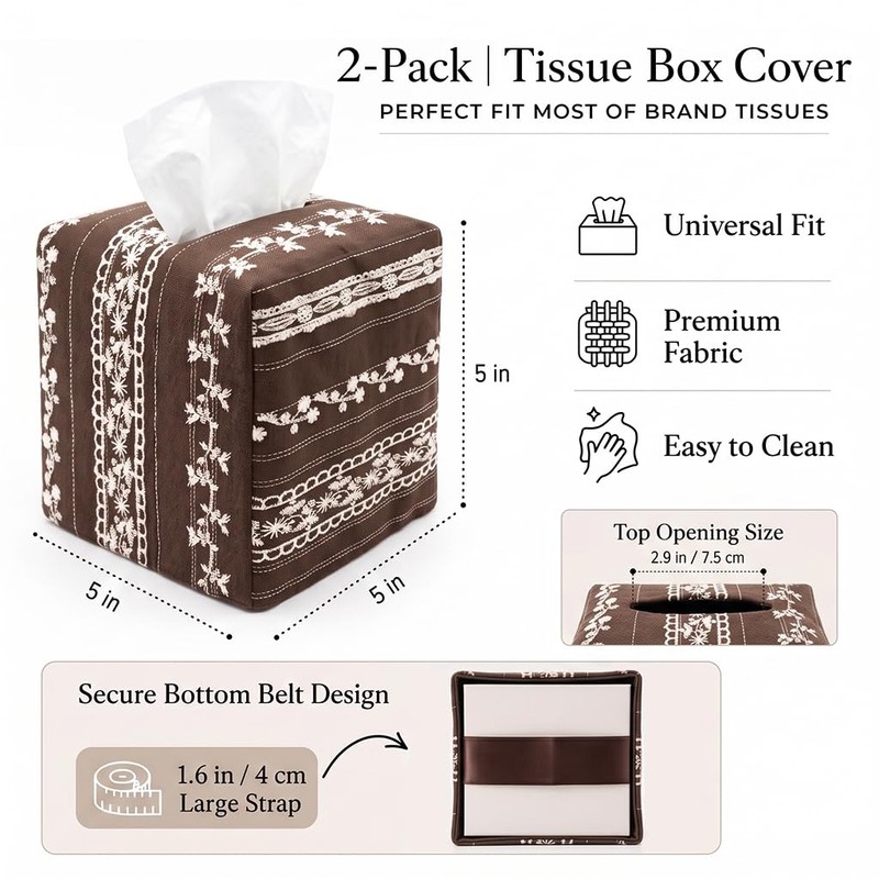 2 Pack Tissue Box Cover, Square Napkin Holder with Bottom
