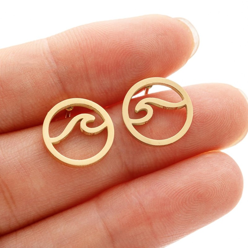 Round Small Sea Wave Stud Earrings for Women (Gold-Toned B)