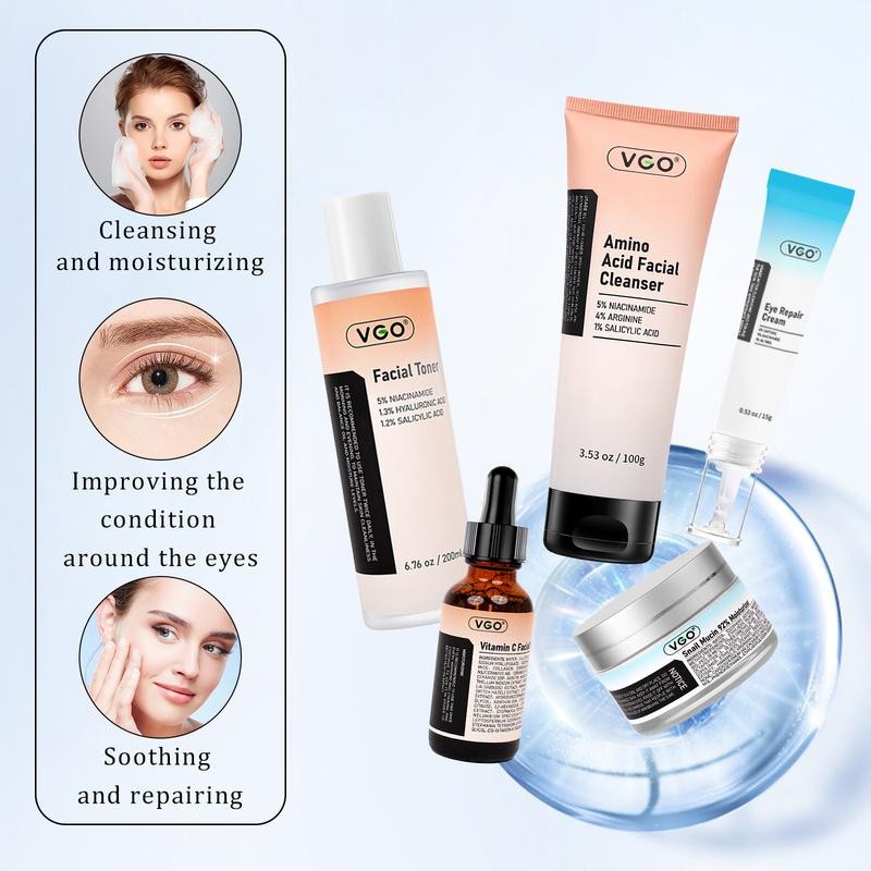 VGO 5-Step Skincare Routine: All-in-One Set Including Cleanser, Toner, Serum,