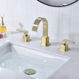TRUSTMI 8 Inch Widespread Bathroom Faucet Brushed Gold, 3 Hole Brass Square Bathroom Vanity Sink Faucet with Waterfall 360 Degree Swivel Spout, with Overflow Drain and cUPC Water Lines