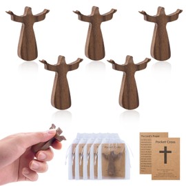 EOKPHULL 5Pcs Walnut Wooden Cross, Pocket Prayer Cross Handheld Comfort Crosses, Fingertip Stress Relief and Encouragement Gift with Organza Bags and Cards