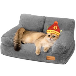 FAMIDGE Cat Couch, Fluffy Cat Bed for Indoor Cats, Calming Pet Sofa Bed Puppy Sleeping Bed, Cute Dog Couch for Small Cats & Dogs up to 12lbs(Small, Light Grey)