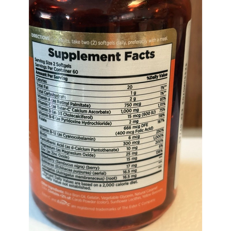 Nature’s Bounty 24+Hr Immune Support 120 Softgels Elderberry Zinc Echinac.