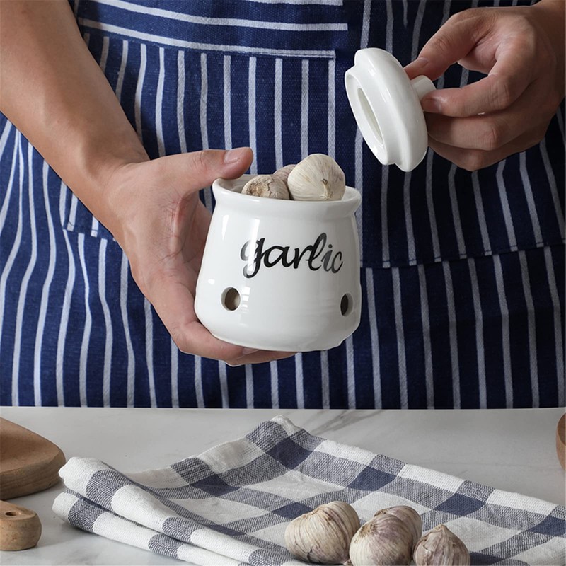 HAOTOP Garlic Keeper with Lid, Ceramic Mini Garlic Saver Container