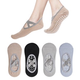 Fiohiros 4 Pairs Pilates Socks with Grips For Women,Yoga Socks with Multiple Colors Non Slip Socks for Yoga, Pilates, Ballet, Daily Wear (AU, Numeric, 7, Regular, Regular, Black gray coffee blue)