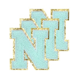 sourcing map Chenille Letters N Patches Large Size 80mm/3.15 Inch Iron-on Letters N Patches Golden Glitter Embroidered Patches for Clothing, Shoes, Hats, Backpacks Pack of 3(Blue)