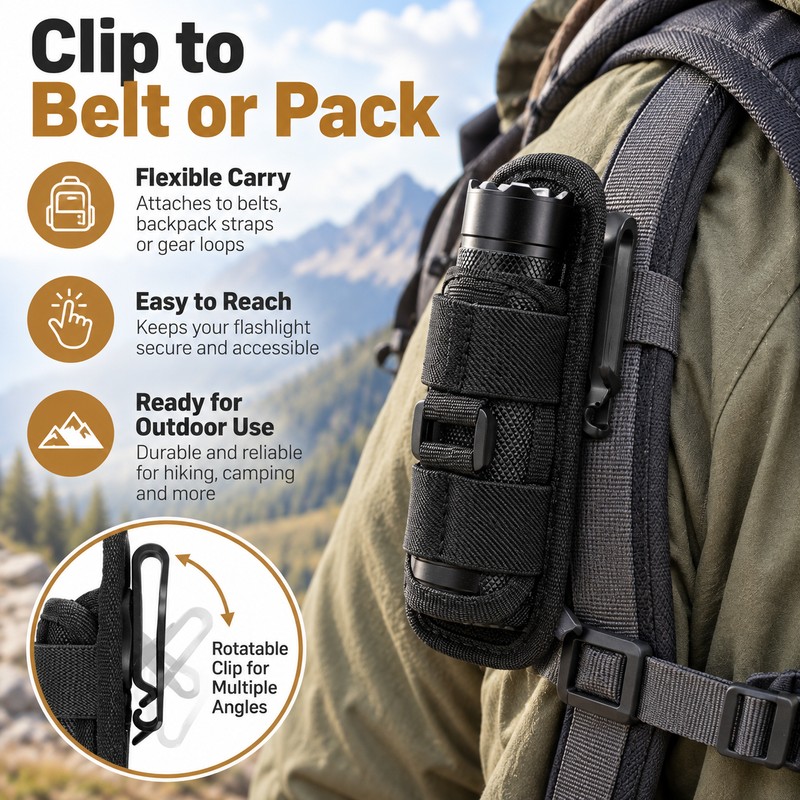 Flashlight Belt Holster for Hands-Free Carry – 360° Rotating Clip