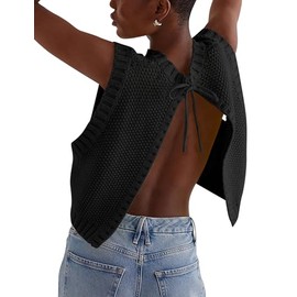 Cioatin Women Y2K Backless Tie Up Knit Crop Sweater Vest Sleeveless Round Neck Split Open Back Pullover Summer Tank Tops Black