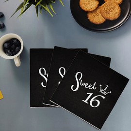 Black and Silver 16th Birthday Cocktail Napkins,40 pcs 16th Birthday Disposable Paper Beverage Napkin Celebrations Party Favor Supplies Decorations
