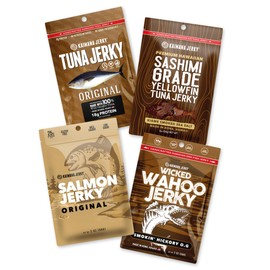Kaimana Jerky Variety Pack - Ahi Tuna, Salmon, and Wahoo Ono Fish Jerky - Simple & Savory - All Natural & Wild Caught -Made in Hawaii - Protein Packed & Good Source Of Omega-3's - Gift for Dad - Military Care Package - Best Father's Day Gifts for Him - 4
