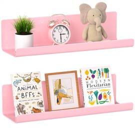 WELDUN Floating Shelves, Set of 2 Wall Shelves, Picture Rail Display, Decorative Wall Shelves for Living Room, Bedroom, Bathroom, Kitchen, Home Office, Laundry Room, Plastic, Pink