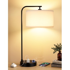 Innqoo White Side Table Lamp with USB Port and Outlet, Dimmable Nightstand Bedside Lamps with Linen Lampshade, Desk Lamp for Bedroom, Living Room, Guest Room, Home Office, LED Bulb Included